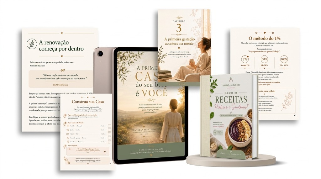 Páginas internas, capa no tablet, método do 1% e livro de receitas de A Primeira Casa do Seu Bebê